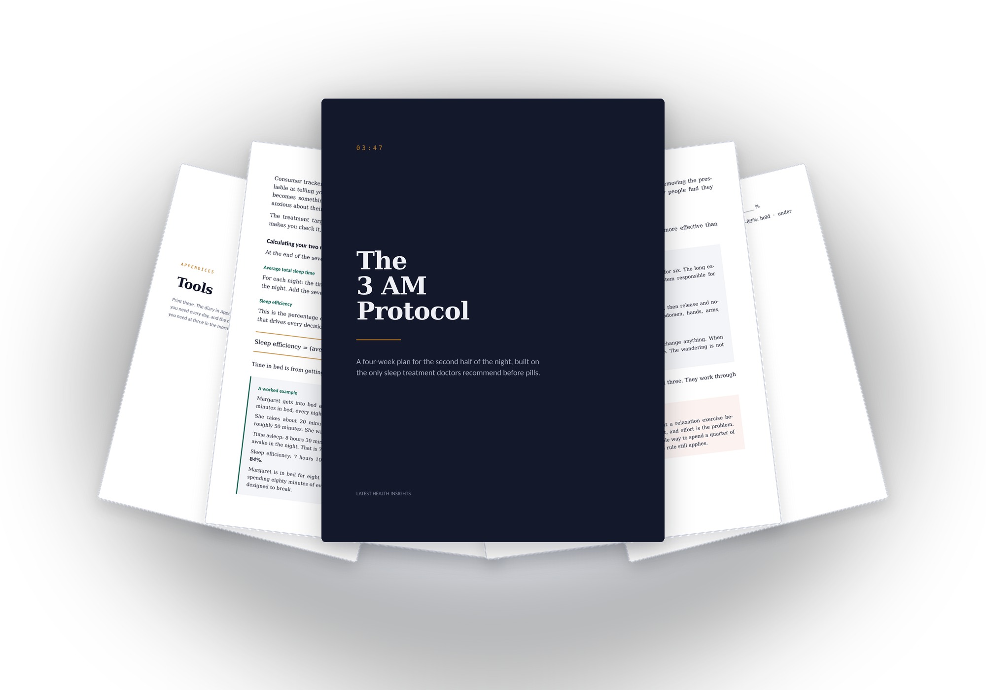 The 3 AM Protocol, a 62-page PDF programme, shown with sample interior pages including the printable sleep diary