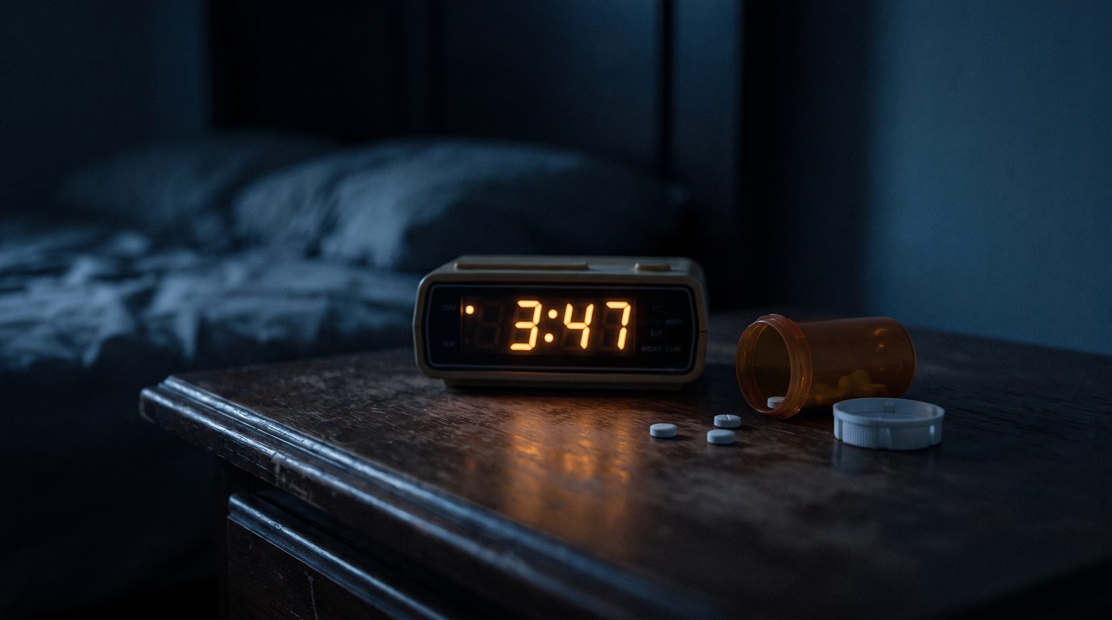 A digital alarm clock reading 3:47 AM glowing in a dark bedroom, beside a tipped-over pill bottle with tablets spilled on the nightstand